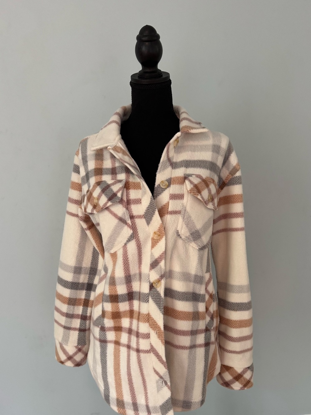 Altar'd State Cream Plaid Button-Up Shacket with Taupe and Brown Stripes